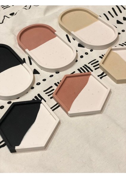 Betorasyon - 2'li Set - El Yapımı Beton Sunumluk, Altlık, Oval Tepsi, Takı Tabağı, Iki Renkli Desen