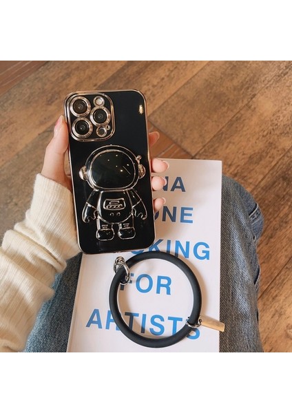 Apple iphone 11 Pro Max Uyumlu Kılıf Astronot Halkalı Gizli Standlı Silikon Tutuculu Katlanabilir Lazer Tpu