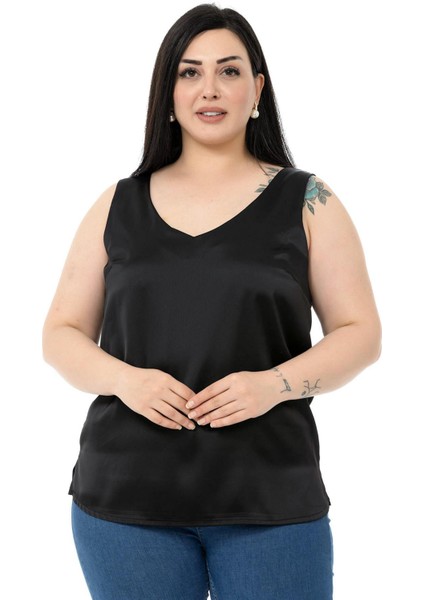 Büyük Beden V Yaka Yanı Yırtmaçlı Kolsuz Saten Siyah Bluz indirimleri