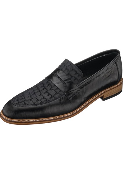 TR121 Siyah Deri Kroko Baskılı Deri Erkek Ayakkabısı