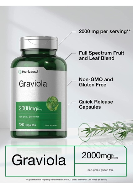 Graviola Extract 2000 mg 120 Capsules, Non-Gmo, Gluten Free, Soursop, Horbaach