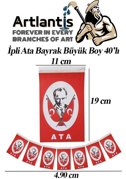 Ipli Ata Bayrak Büyük Boy 40'lı 11X19CM 1 Paket Ata Bayrak Kağıt Ipli Sıralı Ayyıldız Bayrak Sınıf Süsü Okul Bayram