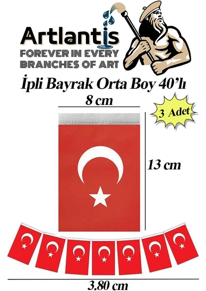 Ipli Bayrak Orta Boy 40'lı 8X13CM 3 Paket Türk Bayrağı Kağıt Ipli Sıralı Ayyıldız Bayrak Sınıf Süsü Okul Bayram