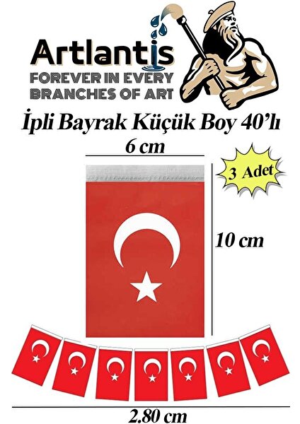 Ipli Bayrak Küçük Boy 40'lı 6X10CM 3 Paket Türk Bayrağı Kağıt Ipli Sıralı Ayyıldız Bayrak Sınıf Süsü Okul Bayram