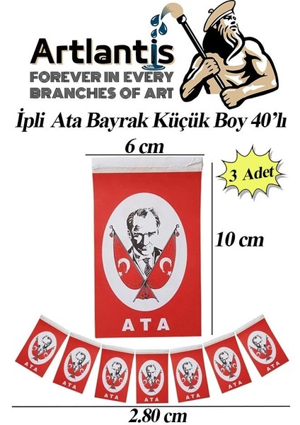 Ipli Ata Bayrak Küçük Boy 40'lı 6X10CM 3 Paket Atalı Bayrak Kağıt Ipli Sıralı Ayyıldız Bayrak Sınıf Süsü Okul Bayram