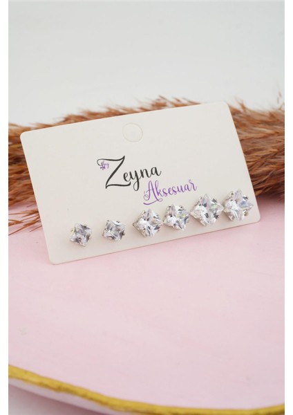 Kadın 3 Boy 6'lı Kare Zirkon Taşlı Küpe Set