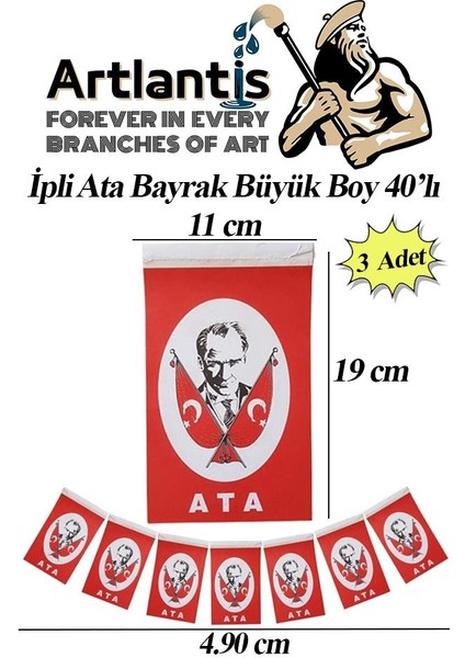 Ipli Ata Bayrak Büyük Boy 40'lı 11X19CM 3 Paket Ata Bayrak Kağıt Ipli Sıralı Ayyıldız Bayrak Sınıf Süsü Okul Bayram