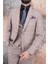Erkek Slim Fit Mono Yaka Açık Kahverengi Ekose Yelekli Kombin 8 Drop Takım Elbise 2