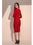 Kadın Kırmızı Uzun Kol Kaliteli Kendinden Dokulu Kumaş Arkası Büzgülü Diz Altı Elbise 3