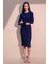 Kadın Lacivert Uzun Kol Kaliteli Kendinden Dokulu Kumaş Arkası Büzgülü Diz Altı Elbise 4