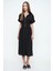 Kadın Siyah Fermuarlı Beli Büzgülü Airobin Polo Yaka Elbise Maksi Boy Uzun Rahat ve Günlük 2