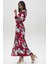 Kadın Kırmızı Desenli Çiçekli Uzun Gömlek Elbise - Uzun Kol Beli Kemer Detay Tesettüre Uygun 4