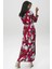 Kadın Kırmızı Desenli Çiçekli Uzun Gömlek Elbise - Uzun Kol Beli Kemer Detay Tesettüre Uygun 5