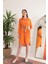 Keten Kumaş Midi Gömlek Kadın Elbise-Oranj 1