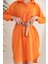 Keten Kumaş Midi Gömlek Kadın Elbise-Oranj 2