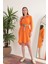 Keten Kumaş Midi Gömlek Kadın Elbise-Oranj 3