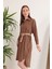 Keten Kumaş Midi Gömlek Kadın Elbise-Kahve 4