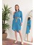 Keten Kumaş Midi Gömlek Kadın Elbise-Mavi 3