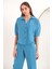 Keten Kumaş Crop Oversize Kadın Gömlek-Mavi 1