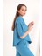 Keten Kumaş Crop Oversize Kadın Gömlek-Mavi 4