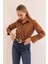 Soft Kumaş Crop Kadın Inci Düğme Detay Gömlek-Kahve 4