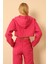 Jakar Kumaş Kapüşonlu Soğan Desen Kadın Crop Sweat-Fuşya 1