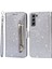 Glitter Pullar Deri Telefon Cüzdan Stand Kılıfı Kapak Samsung Galaxy S22 5g Için Fermuar Cep Tasarımı - Gümüş Rengi (Yurt Dışından) 1