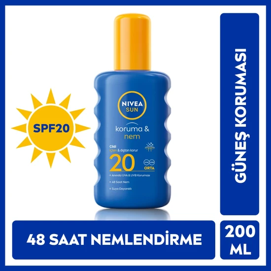 NIVEA Sun SPF20 Güneş Koruyucu & 48 Nemlendirici Güneş Kremi 200 ml Sprey;Anında UVA/UVB Koruması