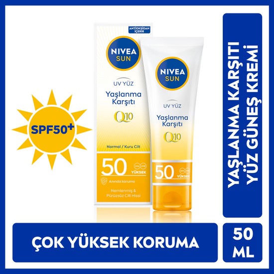 NIVEA Sun Yüz Güneş Kremi SPF50+ Q10 ile Normal/Kuru Ciltler İçin 50 ml Çok Yüksek Koruma