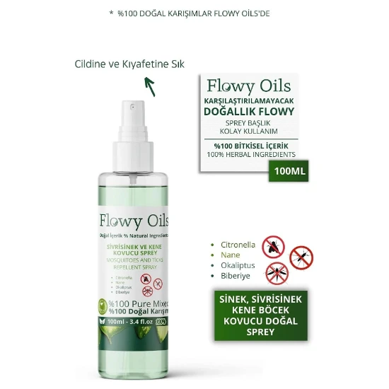 Flowy Oils Sivrisinek ve Kene Kovucu Sprey %100 Doğal Bitkisel Içerik Mosquito And Tick Repellent Spray 100ML F