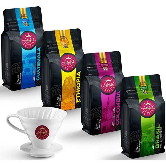 Anisah Coffee Dünya Filtre Kahve Seti Öğütülmüş 4 x 250 gr + Seramik Demleme Fincanı