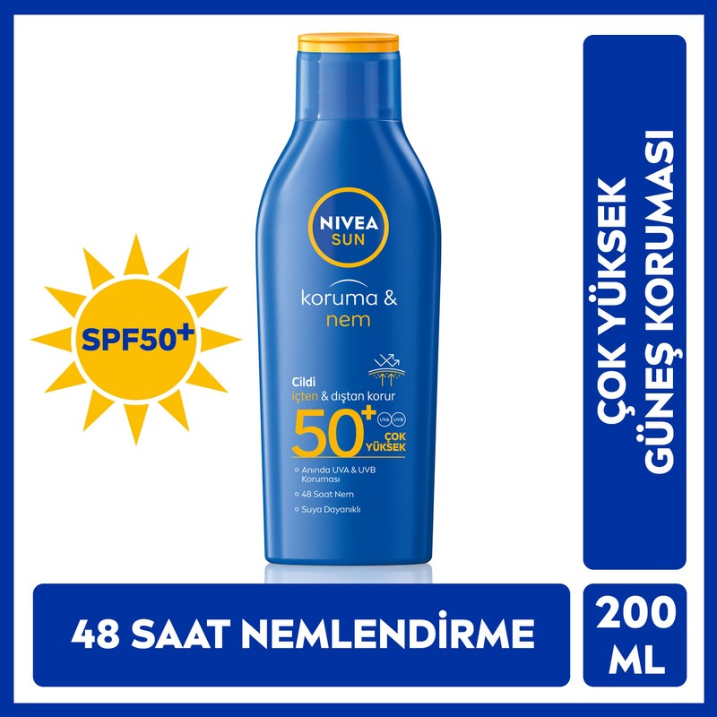 Nivea Sun SPF50+ Güneş Koruyucu & 48 Nemlendirici Güneş Losyonu 200 ml,Çok Yüksek Güneş Koruması