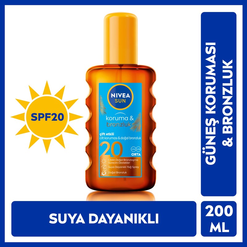Nivea Sun SPF20 Koruma & Bronzluk Güneş Yağı 200 ml Sprey,Anında UVA/UVB Koruması