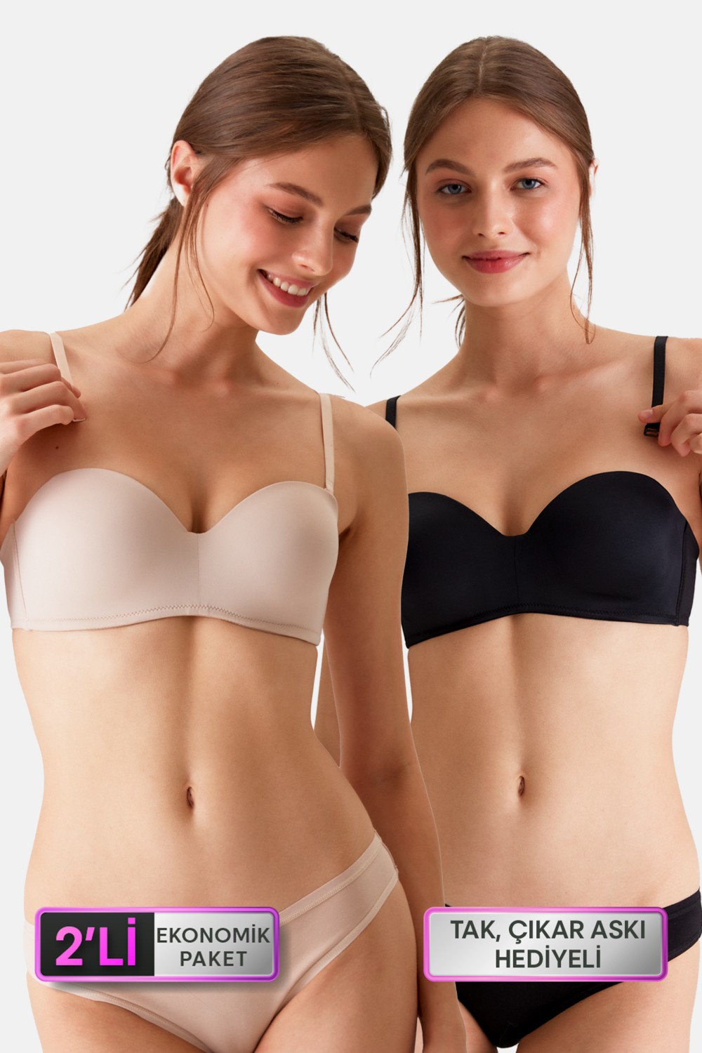 Pierre Cardin 2'li Ekonomik Paket Siyah-Beyaz 6800 Ales Ultra Hafif Bütün Kap Dolgusuz Micro Straplez Sütyen Set görsel 6