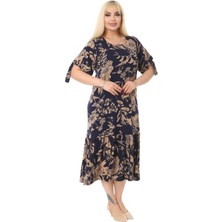 Melsay Butik Lacivert Palmiye Desen Bağlamalı Kısa Kollu Kadın Midi Elbise