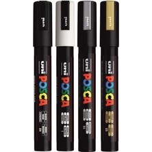 Uni Posca Pc-5m Siyah, Beyaz, Altın, Gümüş 4'lü Set