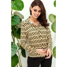 New Laviva Kadın Hardal Klasik Yaka, Grafik Desenli, Krep Gömlek, Uzun Kol, Düz Kesim, Standart Boy