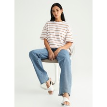 Fabrika Bisiklet Yaka Çizgili Kahverengi - Beyaz Kadın T-Shirt K-MELISSA