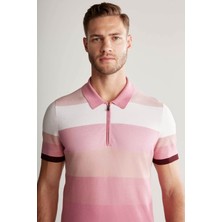 Hemington Pembe Çizgili Fermuarlı Yaka Giza Pamuk Triko Polo