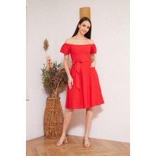 Darlin Moda Kırmızı Omzu Açık Elbise DM1008