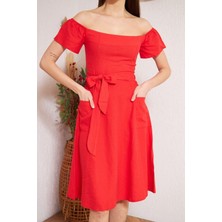 Darlin Moda Kırmızı Omzu Açık Elbise DM1008