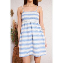 Darlin Moda Mavi Çizgili Cepli Elbise DM1003
