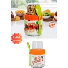 Flosoft Kaşıklı Cam Müsli Kabı, Meyve Yoğurt Yulaf Müsli Granola Diyet Saklama Kabı 425ml