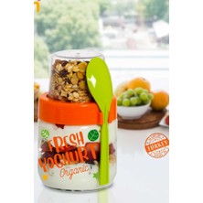 Flosoft Kaşıklı Cam Müsli Kabı, Meyve Yoğurt Yulaf Müsli Granola Diyet Saklama Kabı 425ml