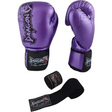DragonDo Favela Boks Eldiveni, Muay Thai Boxing Gloves 12 Oz Mor ve 3,5 Metre Elastik Bandaj