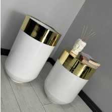 Evden İste Dekoratif Gold Darbuka Parlak Beyaz Saksı 70 cm + Sehpa 60 cm Ikili Set