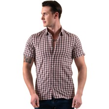 Exve Exclusive Kırmızı Siyah Beyaz Ekose Kareli Slim Fit Kısa Kollu Yazlık Gömlek