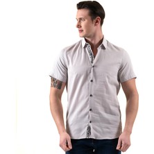 Exve Exclusive Gri Yaka Içi ve Göğüs Garni Pat Çiçek Baskı Detaylı Pamuk Slim Fit Kısa Kollu Yazlık Gömlek