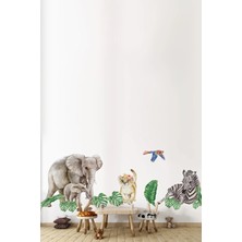Kt Grup Safari Hayvanları ve Tropikal Yapraklar Fil Zebra Aslan Papağan 14 Parça Duvar Sticker Seti
