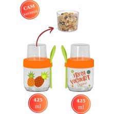 Flosoft 2'Li Kaşıklı Cam Müsli Kabı Seti, Meyve Yoğurt Yulaf Müsli Granola Diyet Saklama Kabı 425ml X 2 Adet